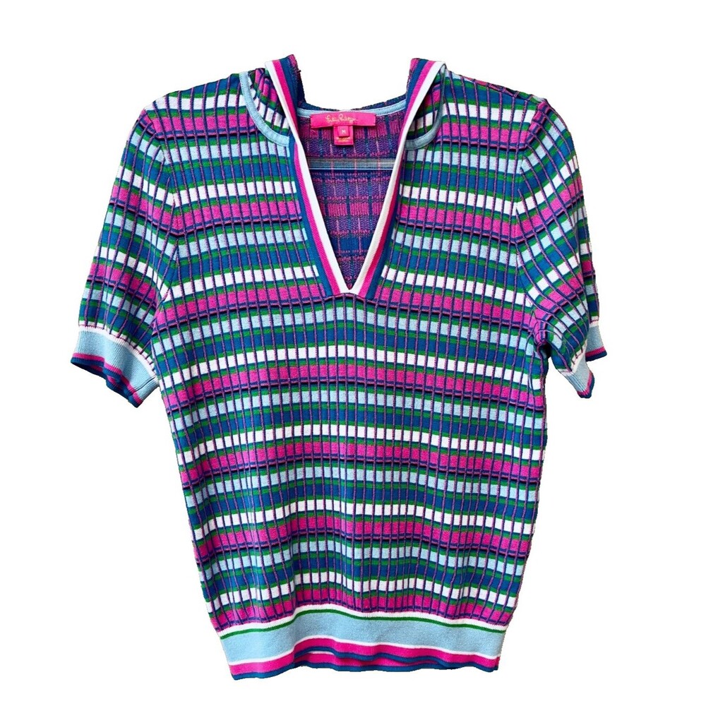 Lilly Pulitzer Avington Sweater Hoodie Turquoise Shore Mermaid Strip Size M